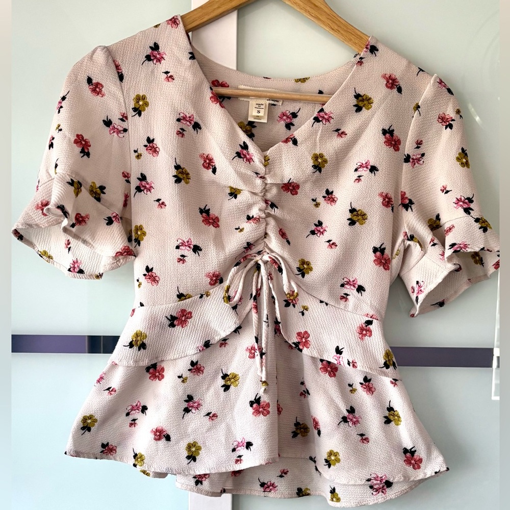 Monteau Beige Puff Sleeve Tie Front Blouse
